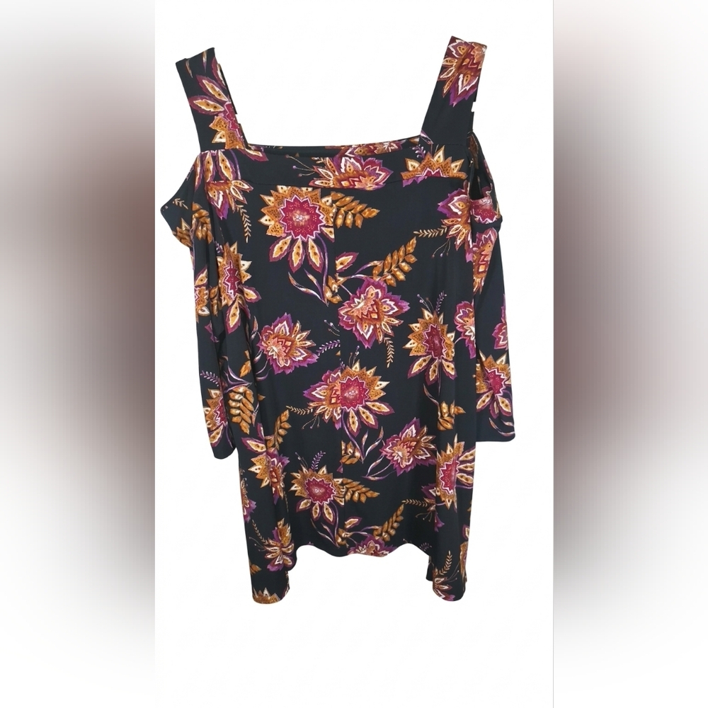 Catherines Black Cold-Shoulder Floral Blouse